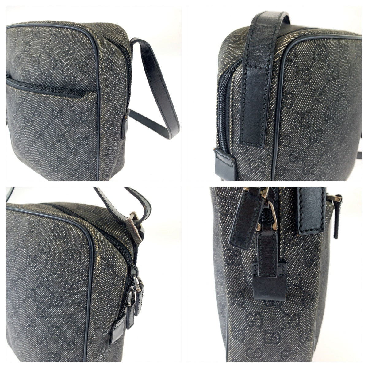 GUCCI Shoulder Bag 3136 GG canvas Grey Black SilverMetal Shoulder Bag pochette Women Used Authentic