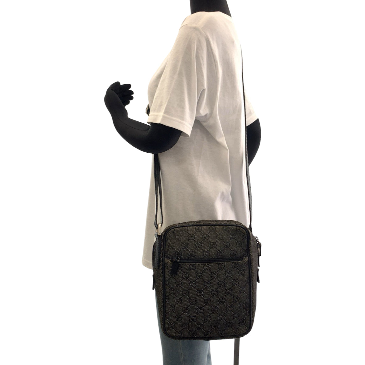 GUCCI Shoulder Bag 3136 GG canvas Grey Black SilverMetal Shoulder Bag pochette Women Used Authentic