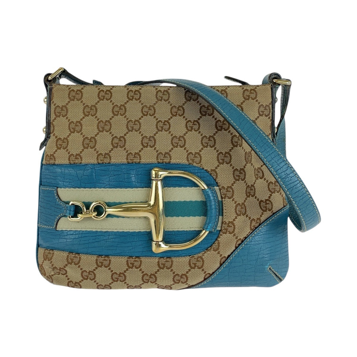 GUCCI Shoulder Bag GG canvas, leather Light Blue Beige Gold Metal Shoulder Bag pochette Sherry line horsebit Women Used Authentic