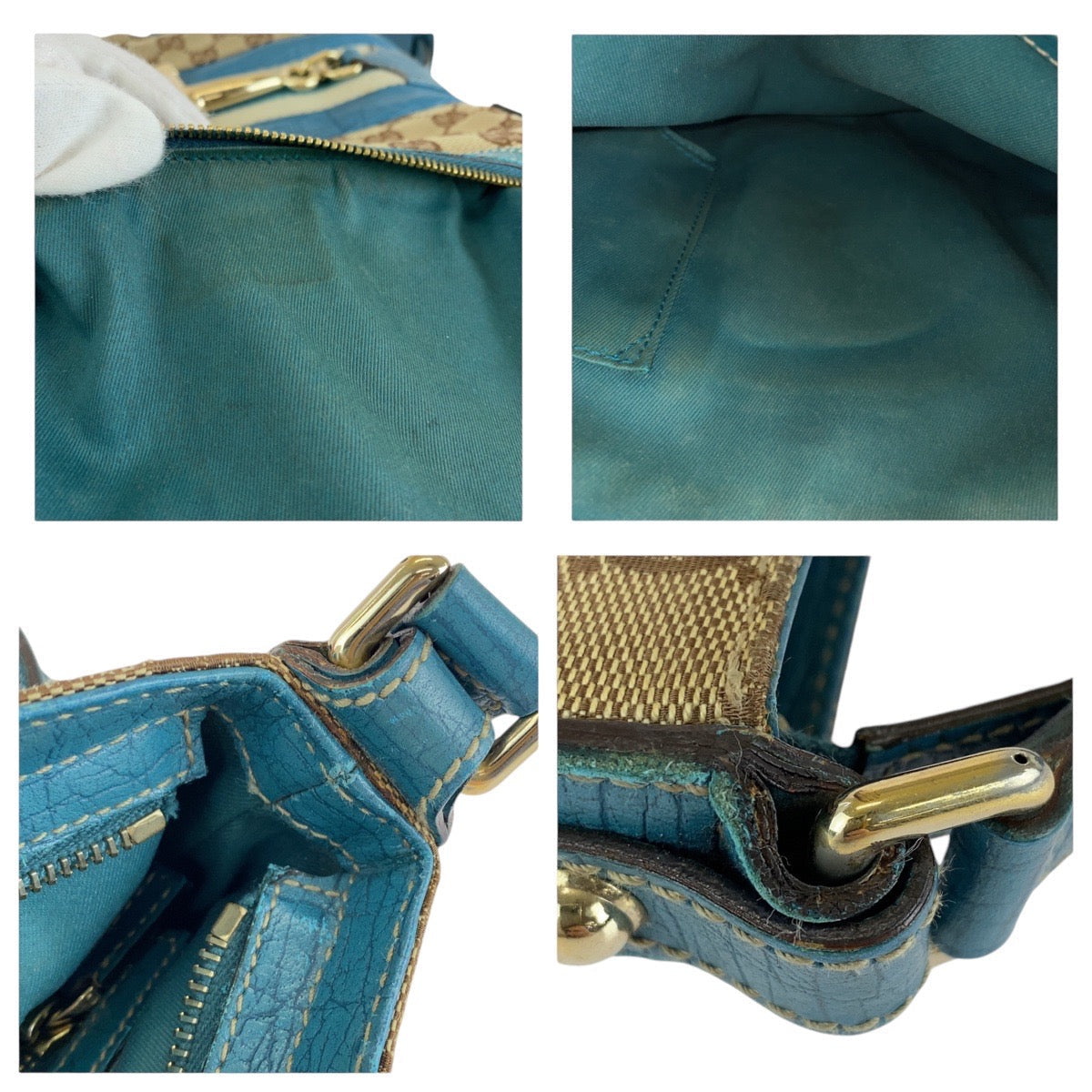 GUCCI Shoulder Bag GG canvas, leather Light Blue Beige Gold Metal Shoulder Bag pochette Sherry line horsebit Women Used Authentic