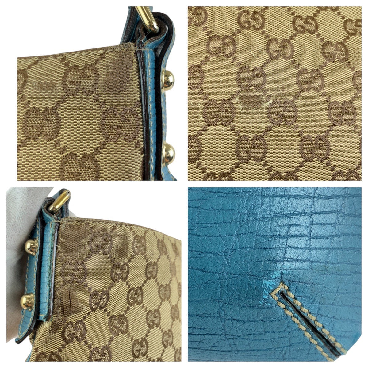 GUCCI Shoulder Bag GG canvas, leather Light Blue Beige Gold Metal Shoulder Bag pochette Sherry line horsebit Women Used Authentic