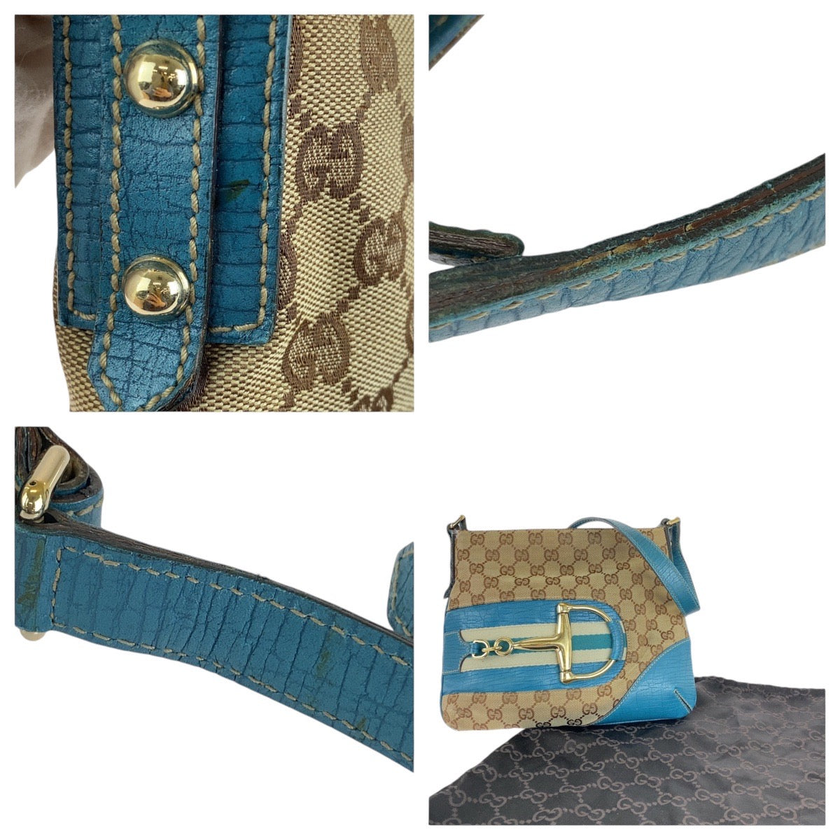 GUCCI Shoulder Bag GG canvas, leather Light Blue Beige Gold Metal Shoulder Bag pochette Sherry line horsebit Women Used Authentic