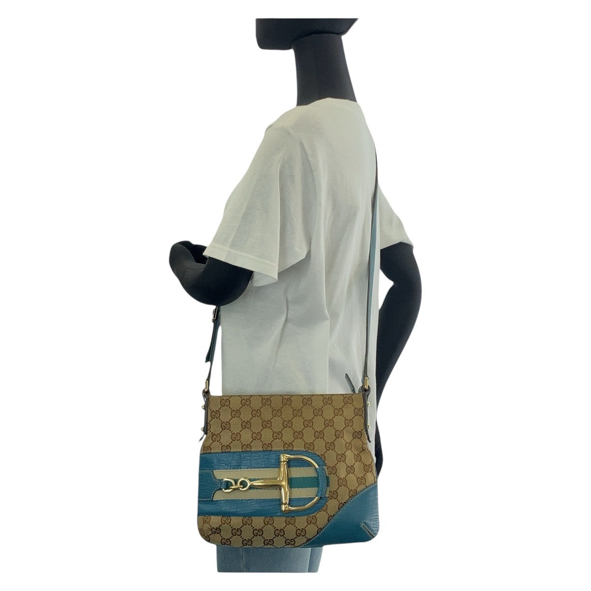 GUCCI Shoulder Bag GG canvas, leather Light Blue Beige Gold Metal Shoulder Bag pochette Sherry line horsebit Women Used Authentic