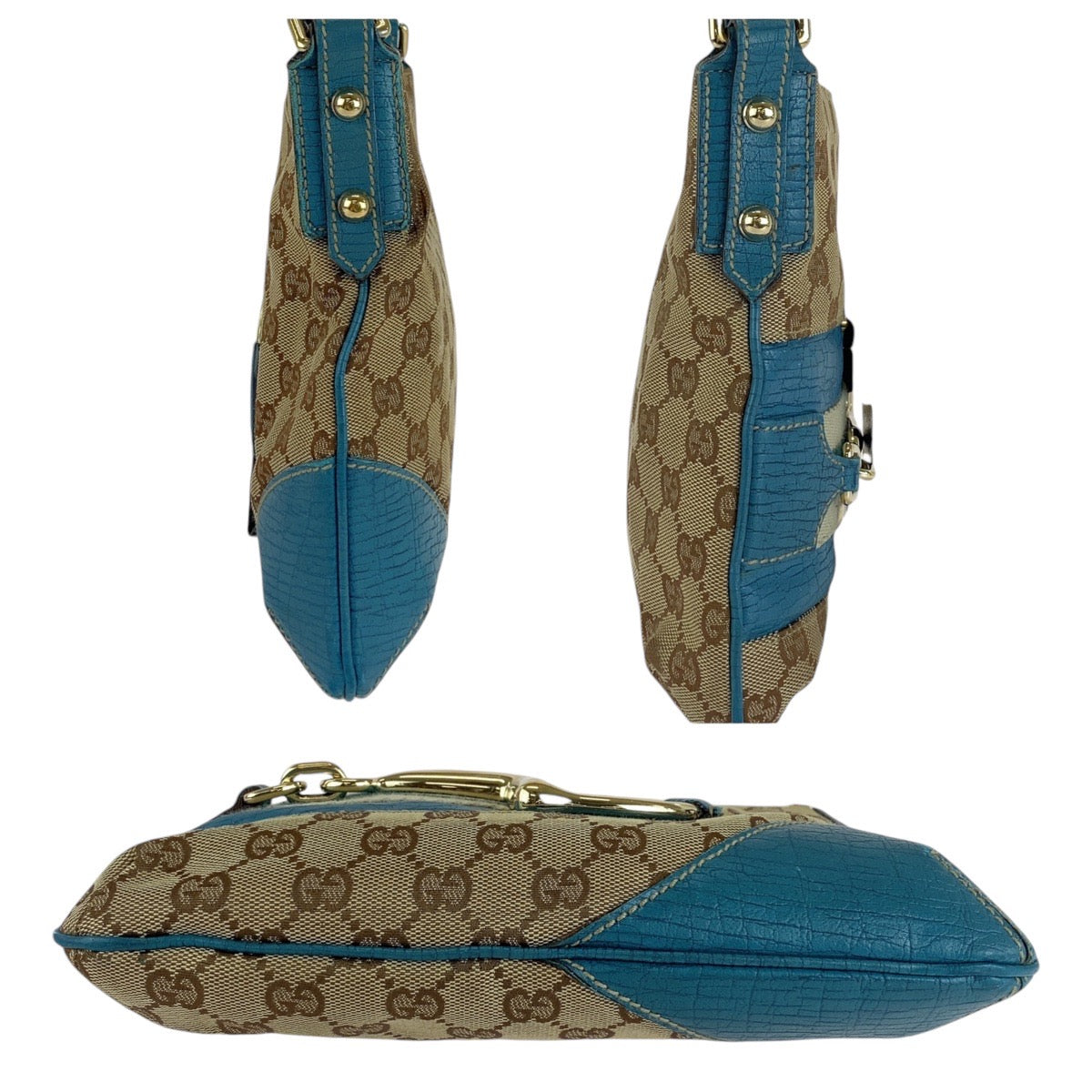 GUCCI Shoulder Bag GG canvas, leather Light Blue Beige Gold Metal Shoulder Bag pochette Sherry line horsebit Women Used Authentic