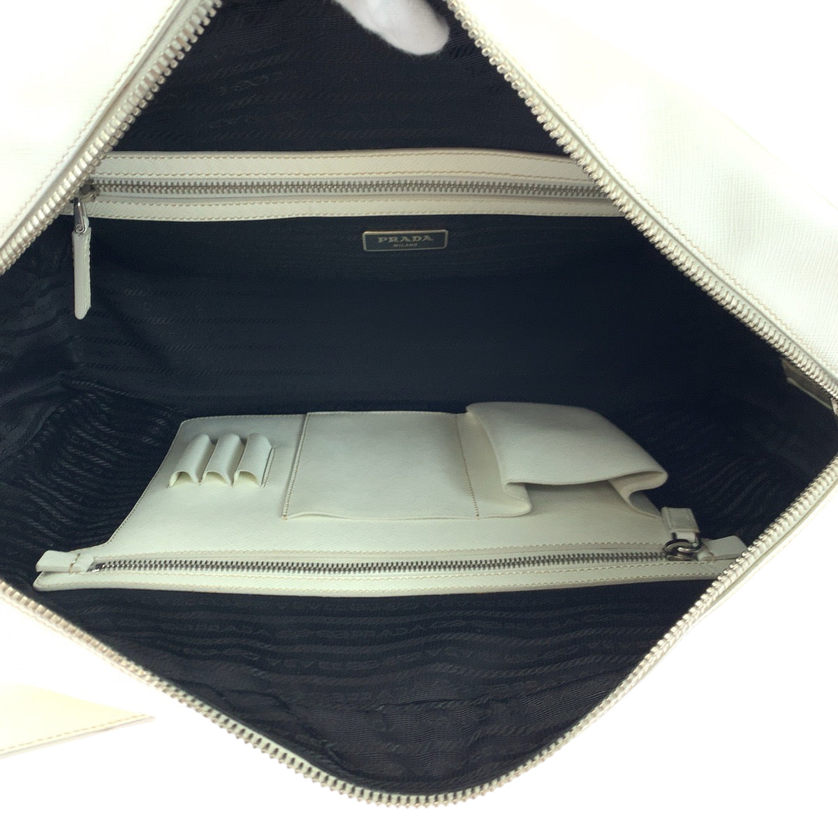 PRADA Business bag leather White SilverMetal Business bag handbag Safiano logo Women Used Authentic
