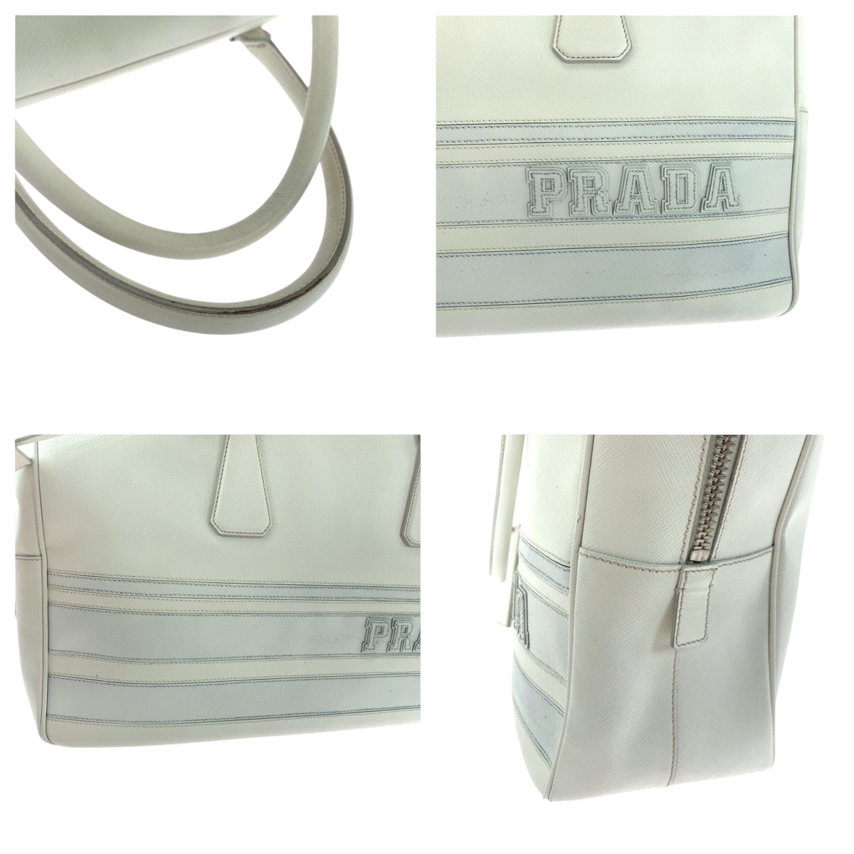 PRADA Business bag leather White SilverMetal Business bag handbag Safiano logo Women Used Authentic
