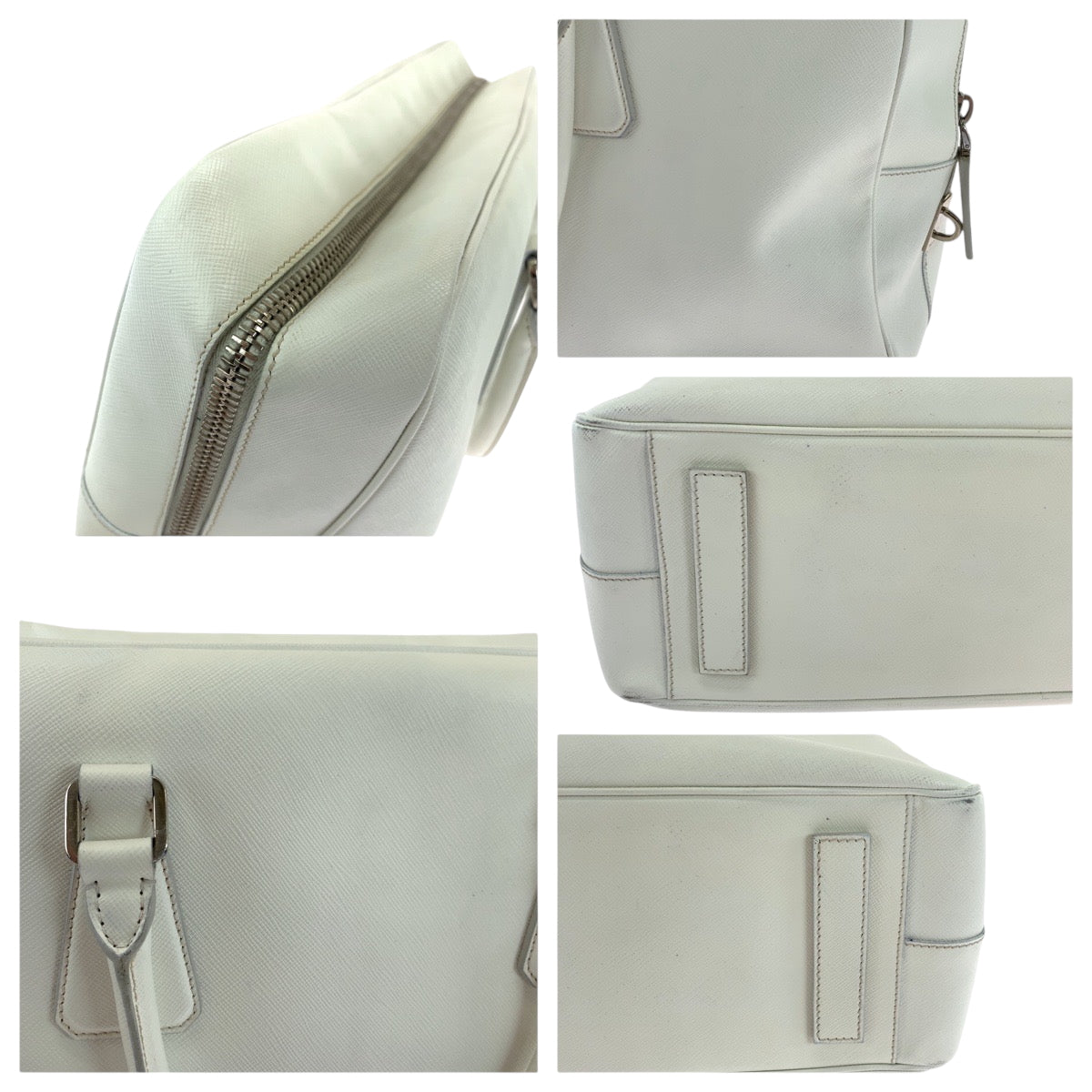 PRADA Business bag leather White SilverMetal Business bag handbag Safiano logo Women Used Authentic