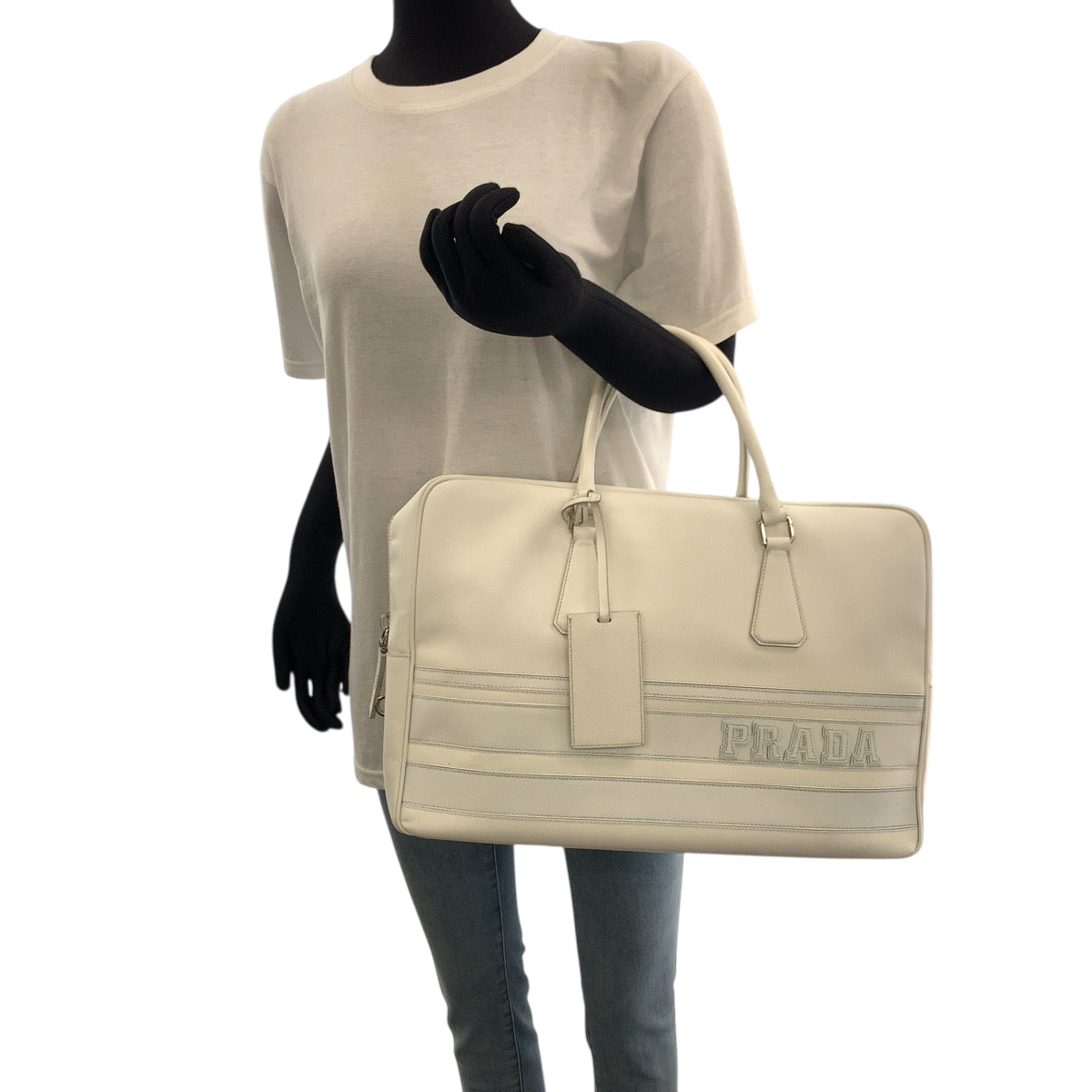 PRADA Business bag leather White SilverMetal Business bag handbag Safiano logo Women Used Authentic