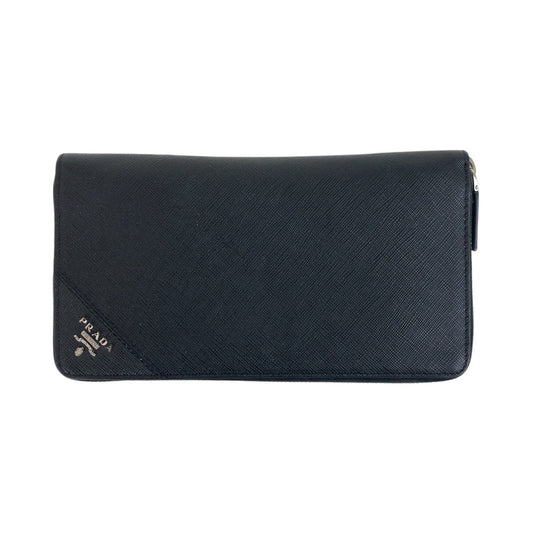 PRADA Long Wallet Purse leather Black SilverMetal Long Wallet Purse Zip Around Safiano Triangle With logo mens Used Authentic