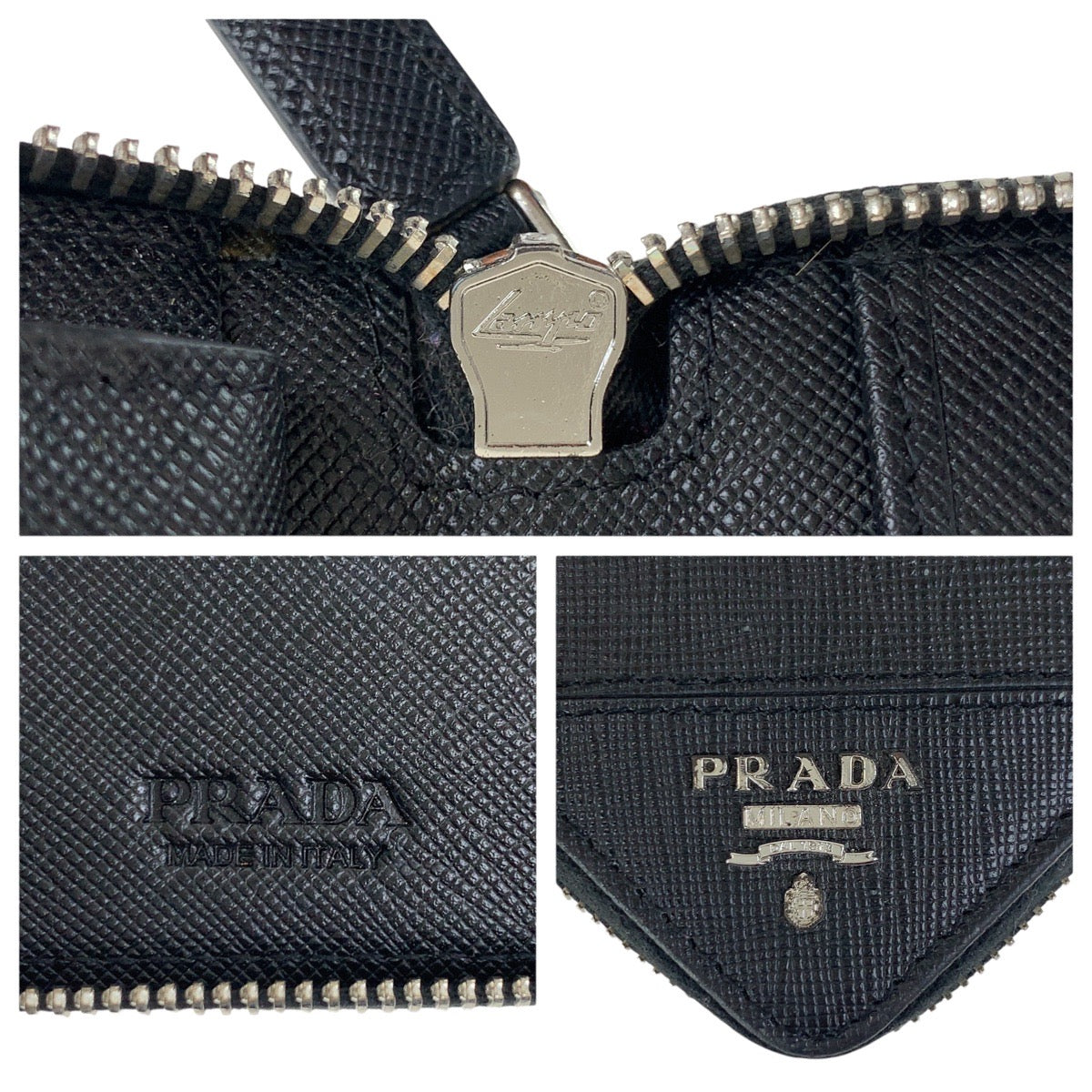 PRADA Long Wallet Purse leather Black SilverMetal Long Wallet Purse Zip Around Safiano Triangle With logo mens Used Authentic