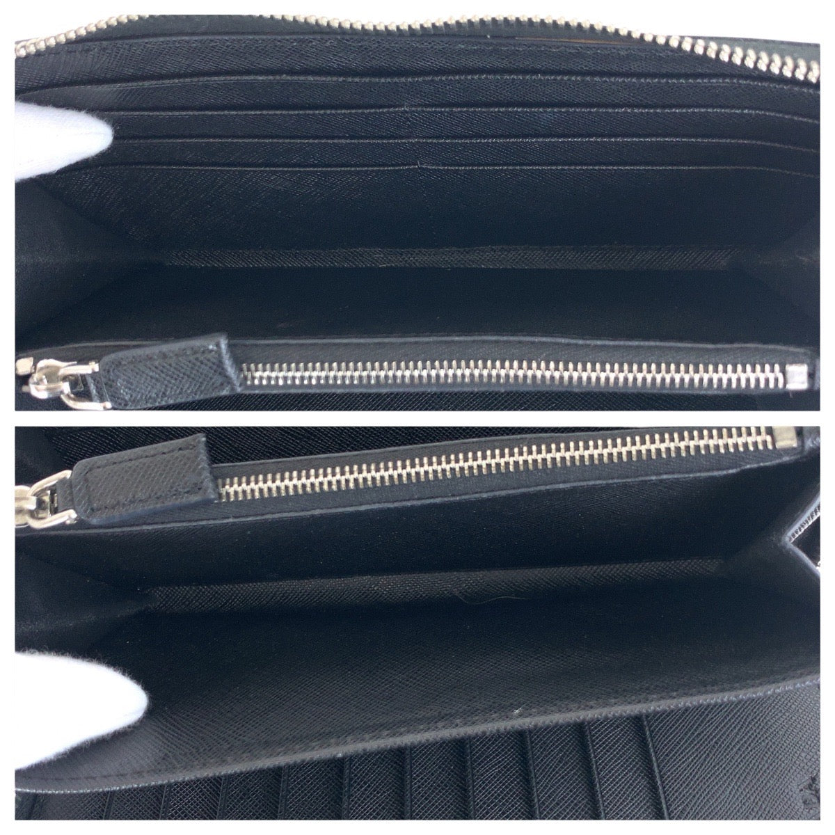 PRADA Long Wallet Purse leather Black SilverMetal Long Wallet Purse Zip Around Safiano Triangle With logo mens Used Authentic