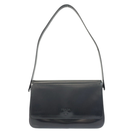 PRADA Shoulder Bag enamel Black SilverMetal Shoulder Bag handbag Women Used Authentic