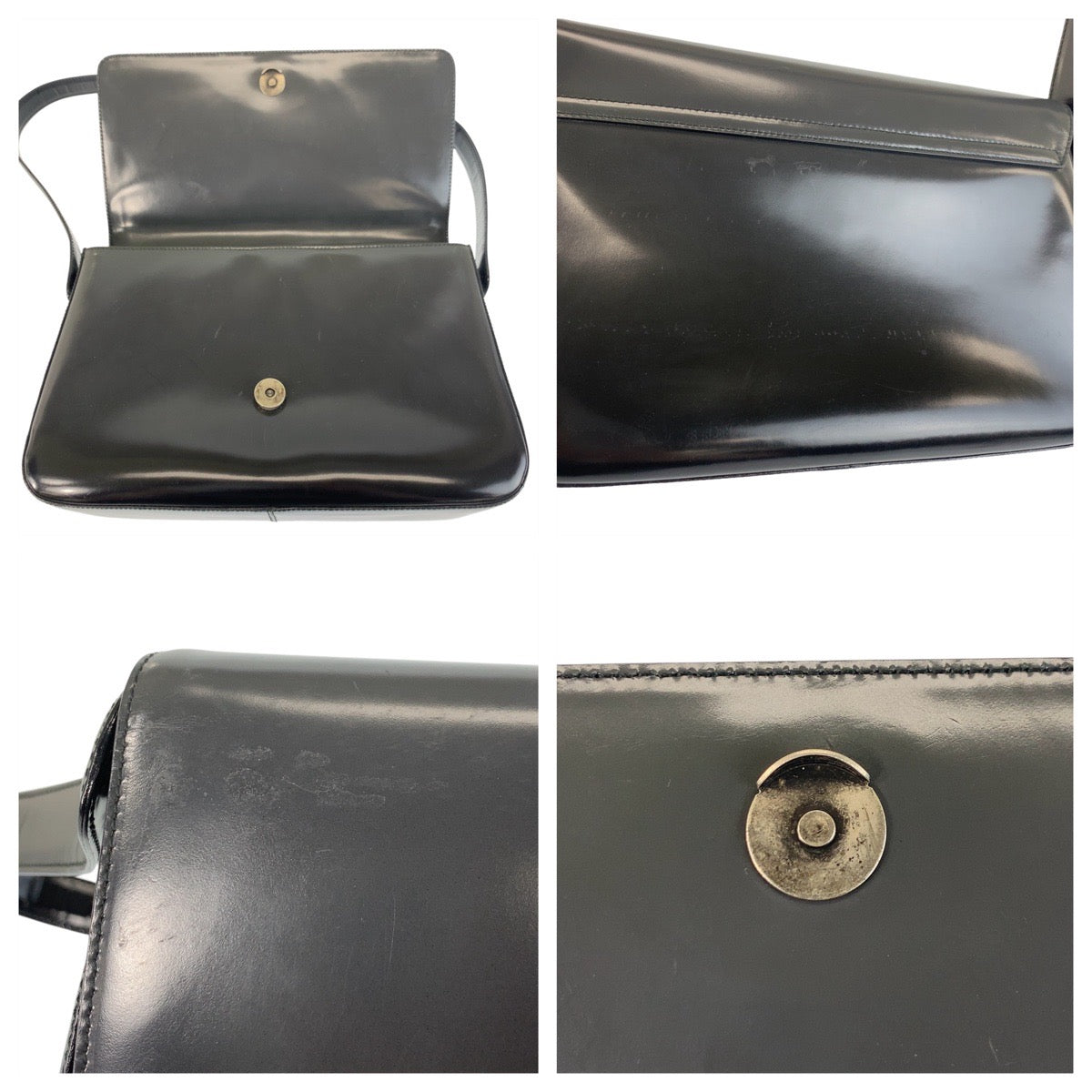 PRADA Shoulder Bag enamel Black SilverMetal Shoulder Bag handbag Women Used Authentic