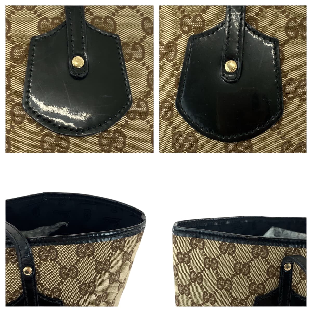 GUCCI Tote Bag 211976 GG canvas, patent leather Beige Black Gold Metal Tote Bag Shoulder Bag Women Used Authentic