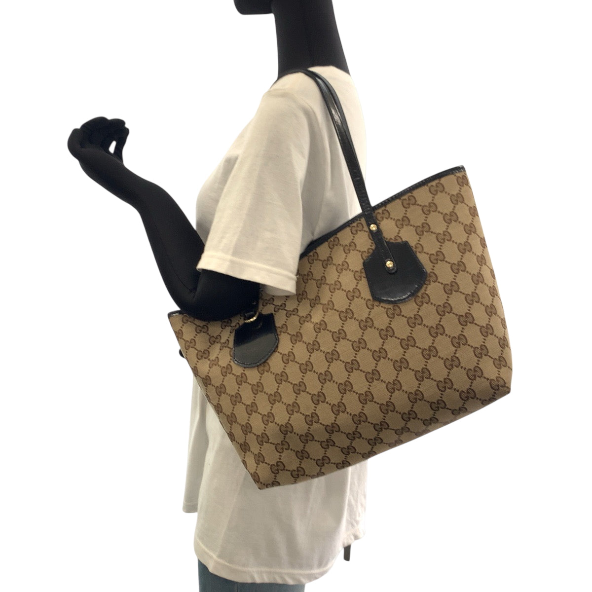 GUCCI Tote Bag 211976 GG canvas, patent leather Beige Black Gold Metal Tote Bag Shoulder Bag Women Used Authentic