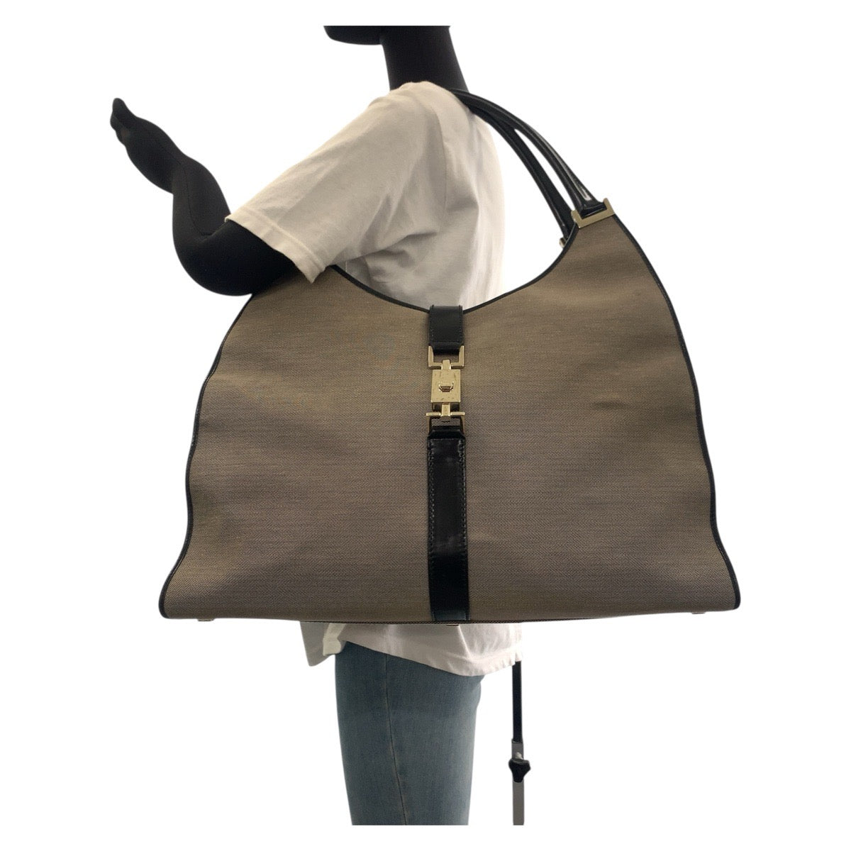 GUCCI Shoulder Bag 019 0345 Canvas, Leather Gray Beige Black Gold Metal Shoulder Bag Unisex Jackie Women Used Authentic