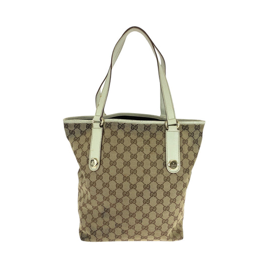 GUCCI Tote Bag 153009 GG canvas Beige White Gold Metal Tote Bag Shoulder Bag Women Used Authentic