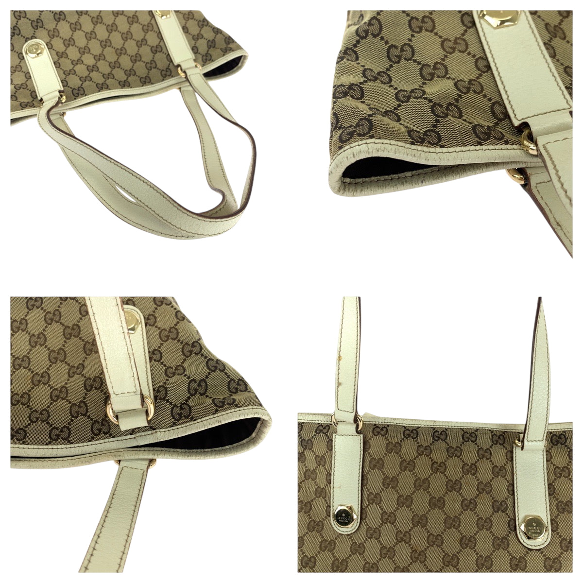 GUCCI Tote Bag 153009 GG canvas Beige White Gold Metal Tote Bag Shoulder Bag Women Used Authentic
