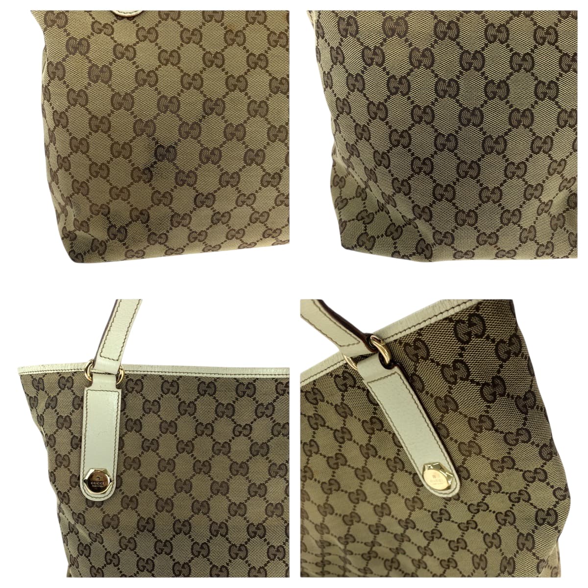 GUCCI Tote Bag 153009 GG canvas Beige White Gold Metal Tote Bag Shoulder Bag Women Used Authentic