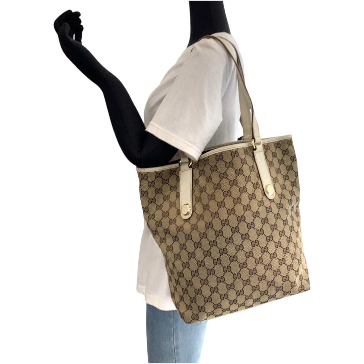 GUCCI Tote Bag 153009 GG canvas Beige White Gold Metal Tote Bag Shoulder Bag Women Used Authentic