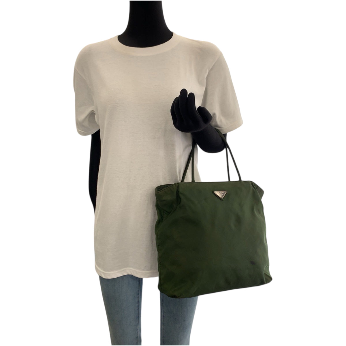 PRADA Tote Bag Nylon Khaki SilverMetal Tote Bag handbag Test Triangle With logo Women Used Authentic