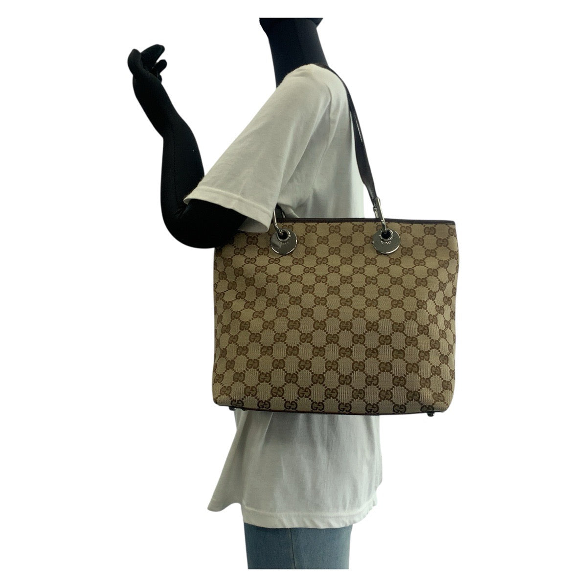 GUCCI Tote Bag 139552 GG canvas, leather Brown Silver Metal Tote Bag Shoulder Bag Women Used Authentic