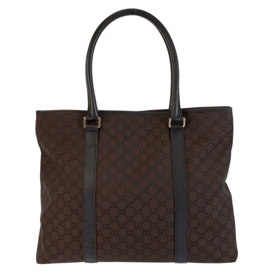 GUCCI Tote Bag 257304 Nylon, Leather Brown Silver Metal Tote Bag Shoulder Bag GG pattern Women Used Authentic