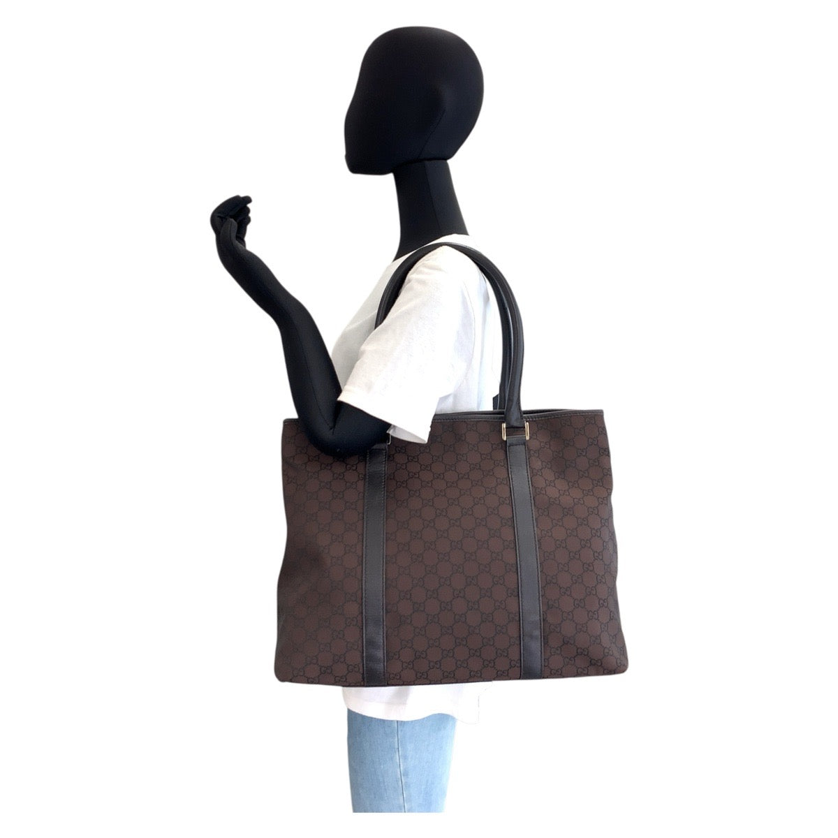 GUCCI Tote Bag 257304 Nylon, Leather Brown Silver Metal Tote Bag Shoulder Bag GG pattern Women Used Authentic