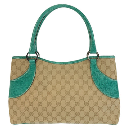 GUCCI Tote Bag 113015 GG canvas, leather Beige Green SilverMetal Tote Bag Shoulder Bag Women Used Authentic