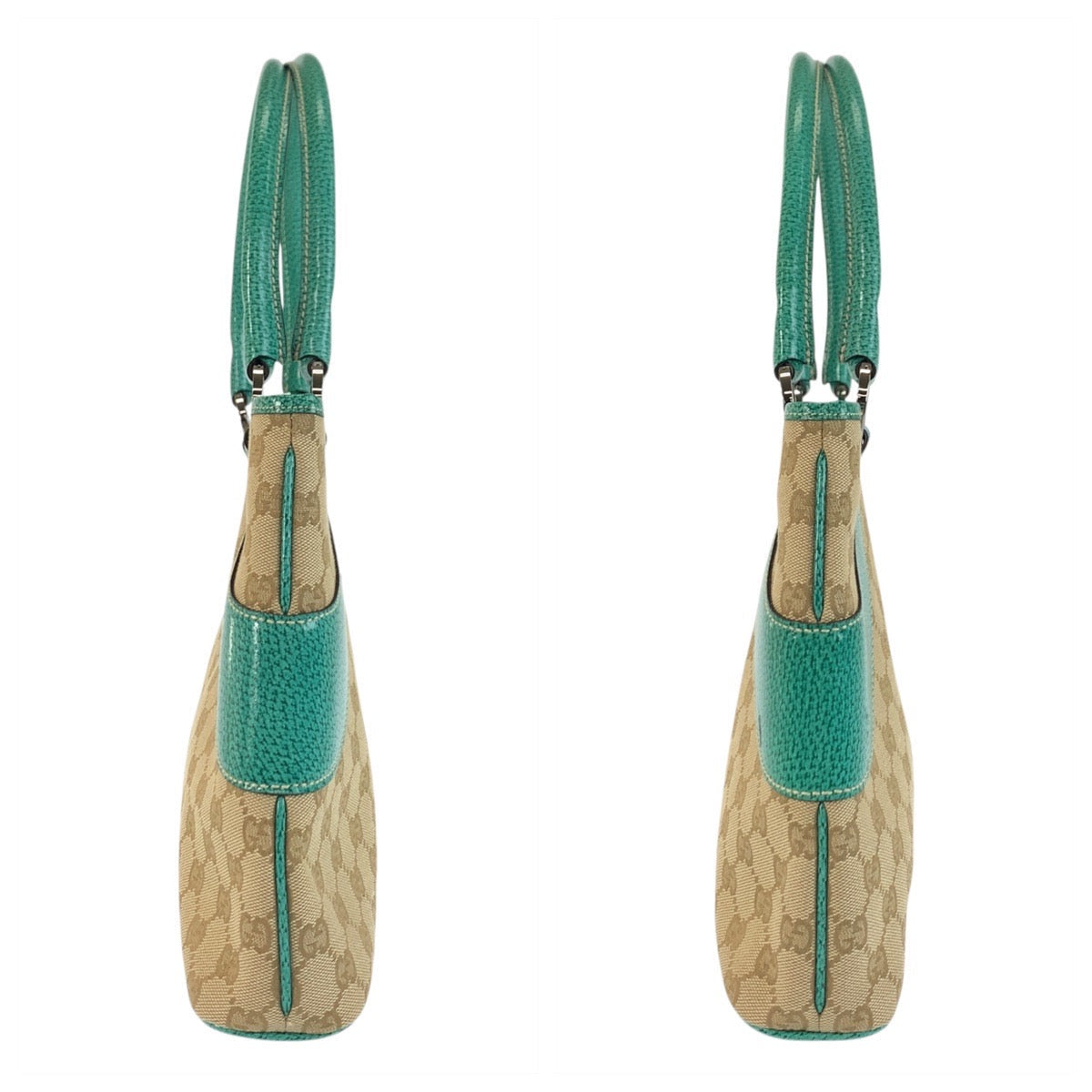 GUCCI Tote Bag 113015 GG canvas, leather Beige Green SilverMetal Tote Bag Shoulder Bag Women Used Authentic