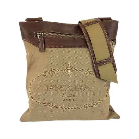 PRADA Shoulder Bag Canvas, Leather Beige Brown SilverMetal Shoulder Bag Messenger bag Logo jacquard Women Used Authentic