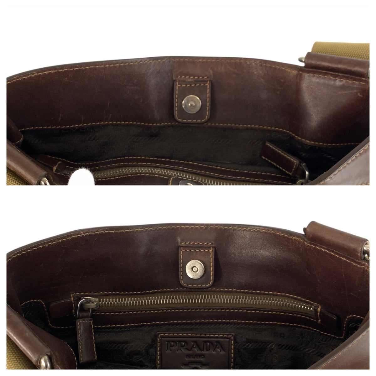 PRADA Shoulder Bag Canvas, Leather Beige Brown SilverMetal Shoulder Bag Messenger bag Logo jacquard Women Used Authentic