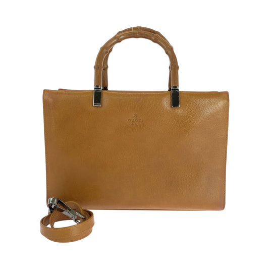 GUCCI Handbag 002 1035 leather Camel SilverMetal 2way Handbag Tote Bag Shoulder Bag Bamboo Women Used Authentic