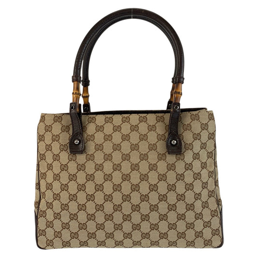 GUCCI Tote Bag 112526 GG canvas Beige Brown SilverMetal Tote Bag Shoulder Bag Bamboo Women Used Authentic