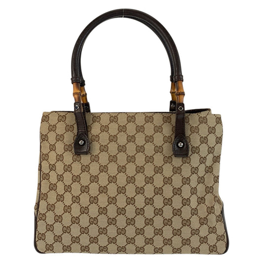 GUCCI Tote Bag 112526 GG canvas Beige Brown SilverMetal Tote Bag Shoulder Bag Bamboo Women Used Authentic