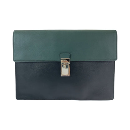PRADA Clutch bag VR089M leather Bicolor Green Black Clutch bag Business bag Document case Safiano Triangle With logo mens Used Authentic