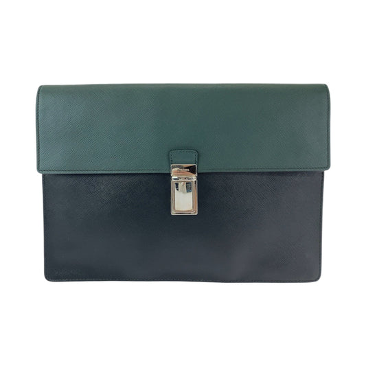 PRADA Clutch bag VR089M leather Bicolor Green Black Clutch bag Business bag Document case Safiano Triangle With logo mens Used Authentic