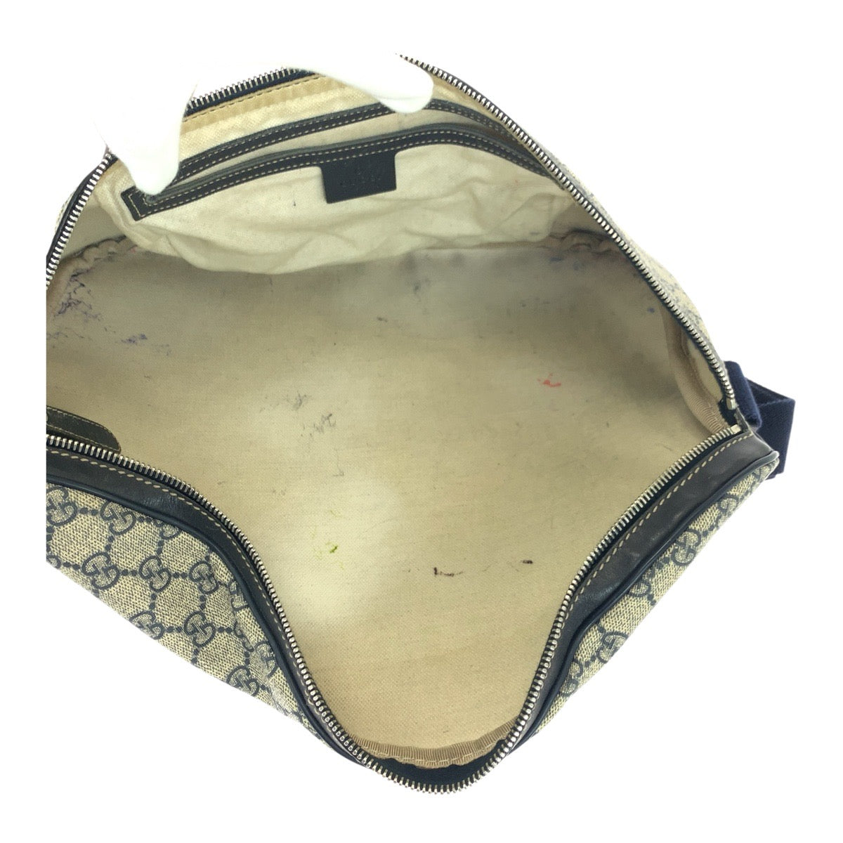 GUCCI Shoulder Bag 211110 GG Supreme Canvas Beige Navy SilverMetal Shoulder Bag Bum Bag Sling bag mens Used Authentic