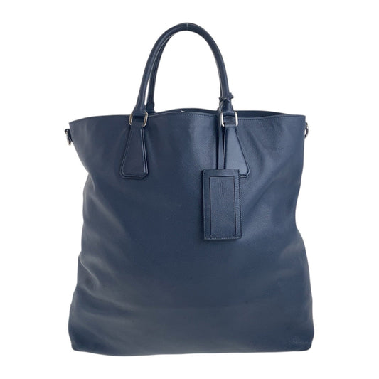 PRADA Tote Bag 7B leather Navy SilverMetal Tote Bag handbag Safiano Triangle With logo mens Used Authentic