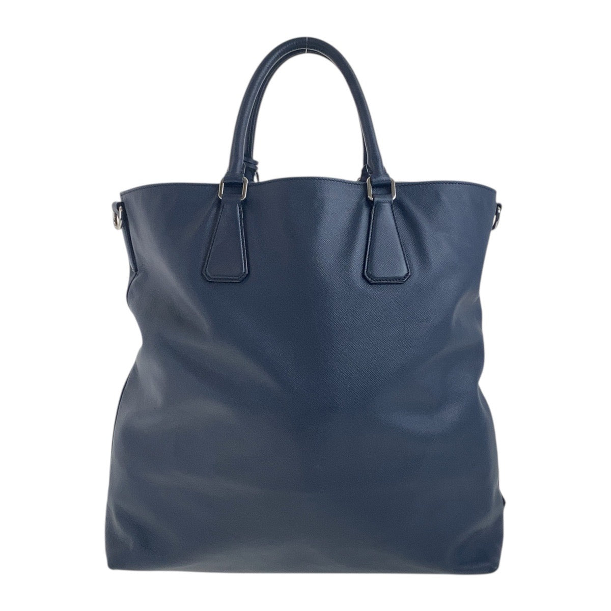 PRADA Tote Bag 7B leather Navy SilverMetal Tote Bag handbag Safiano Triangle With logo mens Used Authentic