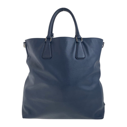 PRADA Tote Bag 7B leather Navy SilverMetal Tote Bag handbag Safiano Triangle With logo mens Used Authentic