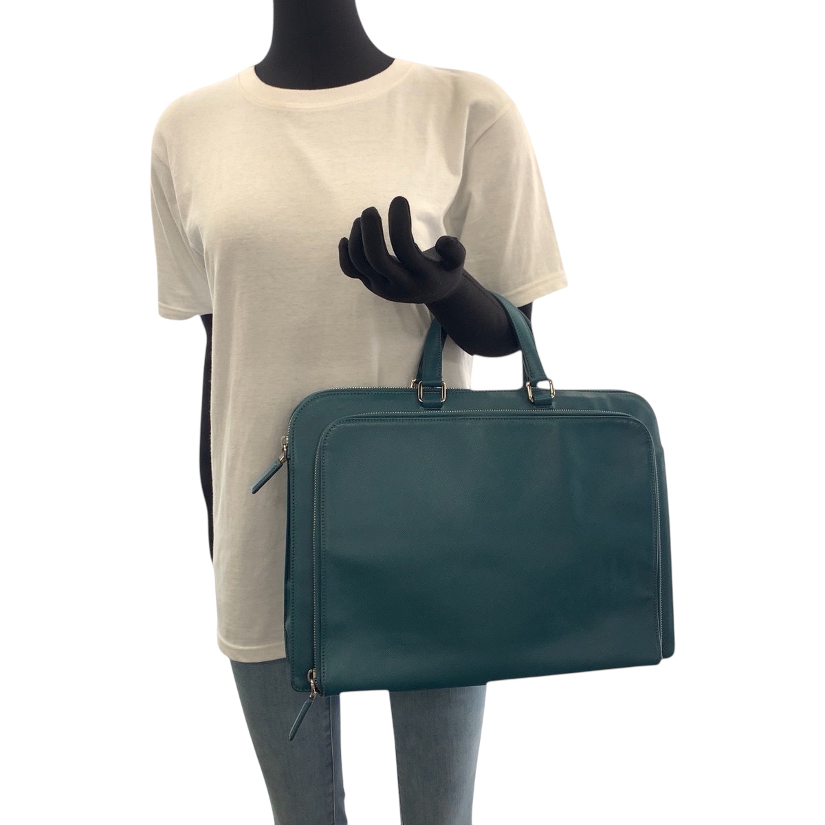 PRADA Business bag leather Green SilverMetal Safiano Triangle With logo