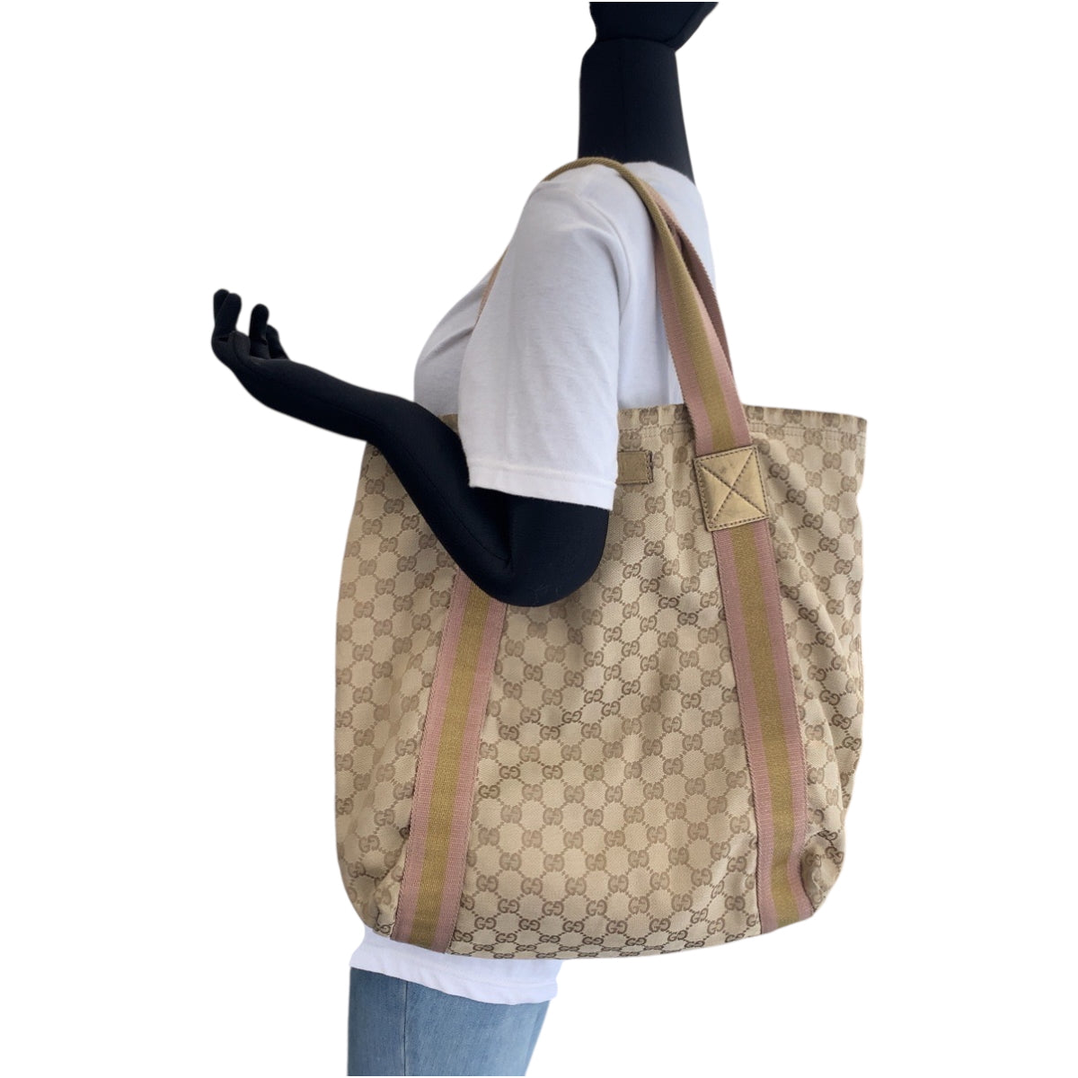 GUCCI Tote Bag 189669 GG canvas Beige gold pink Tote Bag Shoulder Bag Sherry line Women Used Authentic