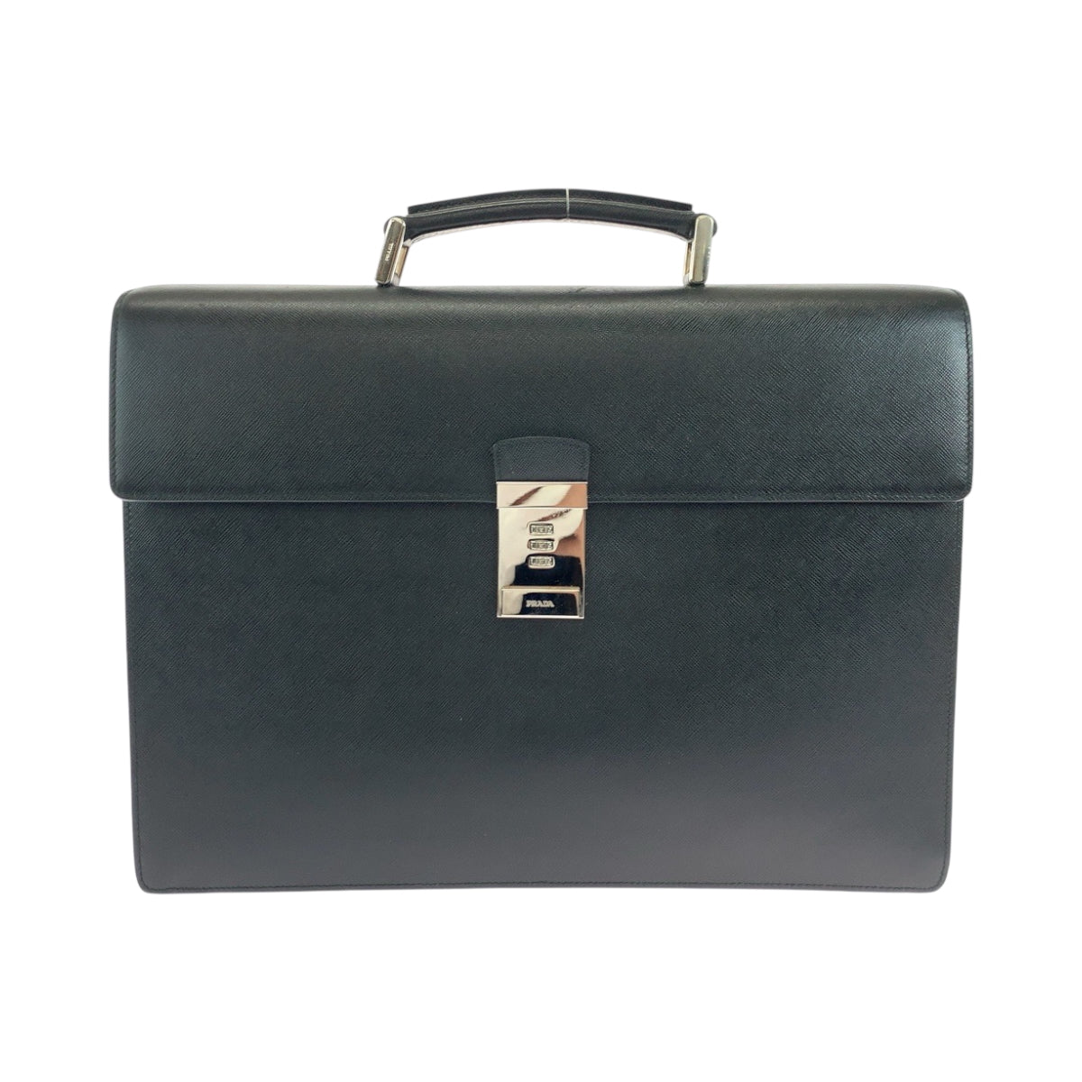 PRADA Business bag leather Black SilverMetal Business bag handbag Safiano logo mens Used Authentic