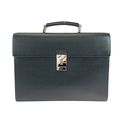 PRADA Business bag leather Black SilverMetal Business bag handbag Safiano logo mens Used Authentic