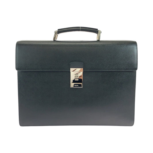 PRADA Business bag leather Black SilverMetal Business bag handbag Safiano logo mens Used Authentic