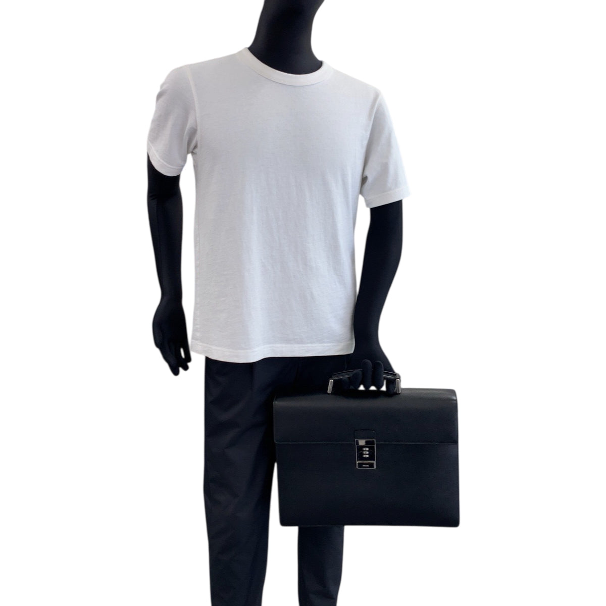 PRADA Business bag leather Black SilverMetal Business bag handbag Safiano logo mens Used Authentic