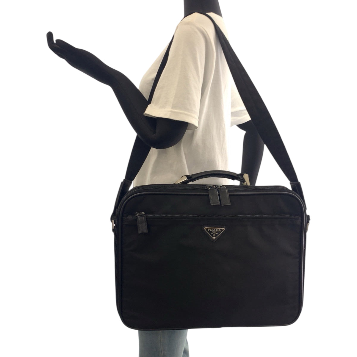 PRADA Shoulder Bag Nylon Black SilverMetal Shoulder Bag Business Bag Test Triangle With logo mens Used Authentic