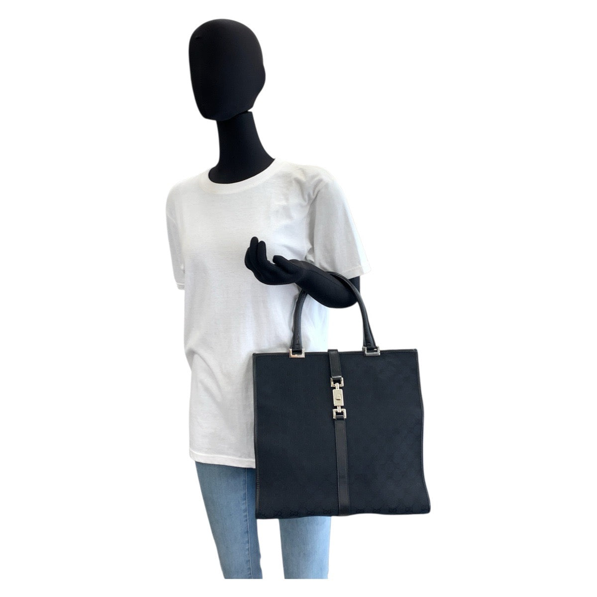GUCCI Tote Bag 002 1064 GG canvas, leather Black SilverMetal Tote Bag handbag Jackie Women Used Authentic
