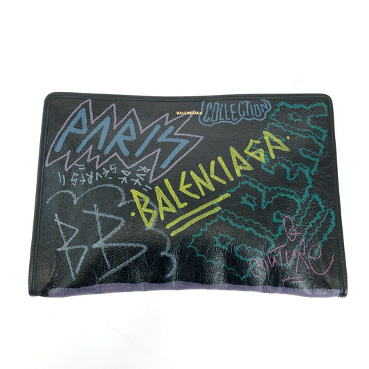 BALENCIAGA Clutch bag 443658 1060 leather black Clutch bag business bag graffiti print Women Used Authentic
